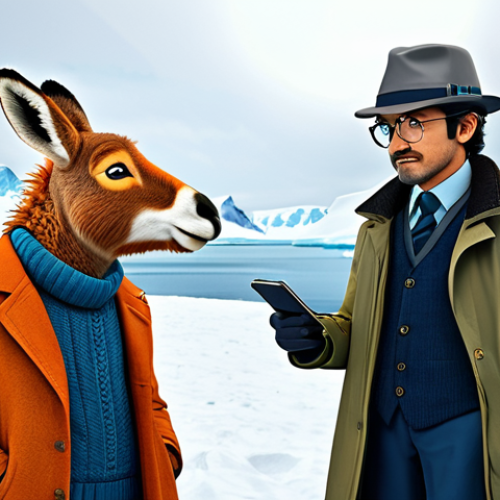 Home 18 **
A colorful illustration of Detective Donkey ( গোয়েন্দা গাধা) and his friends – a sheep, a fox, and a turtle – standing in front of a snowy Antarctic landscape. Detective Donkey is wearing a small detective hat and a warm coat. The friends look determined and ready for an adventure. Fully clothed, appropriate attire, safe for work, perfect anatomy, natural proportions, children's illustration, bright colors, family-friendly.
**